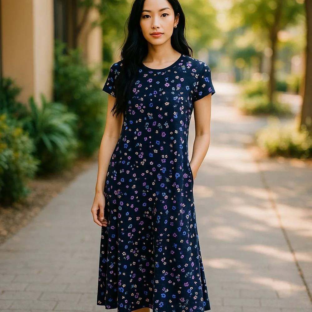 J. Jill Blue A-Line Midi Dress Casual Crew Neck - Picture 1 of 5